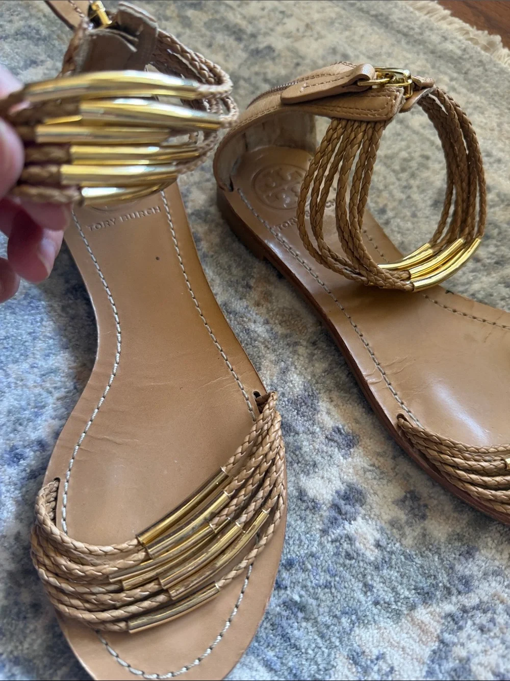 Tory Burch Women’s Braided Ankle-Wrap Sandals with Gold Accents - Tan
